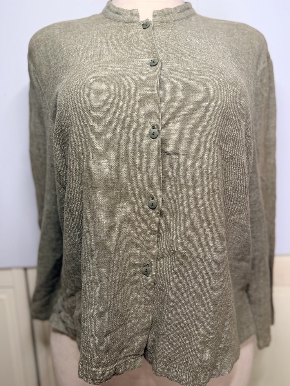 Linden Hill XL Linen Rayon Olive Tonal Button Collarless Neckline Lagenlook Boxy